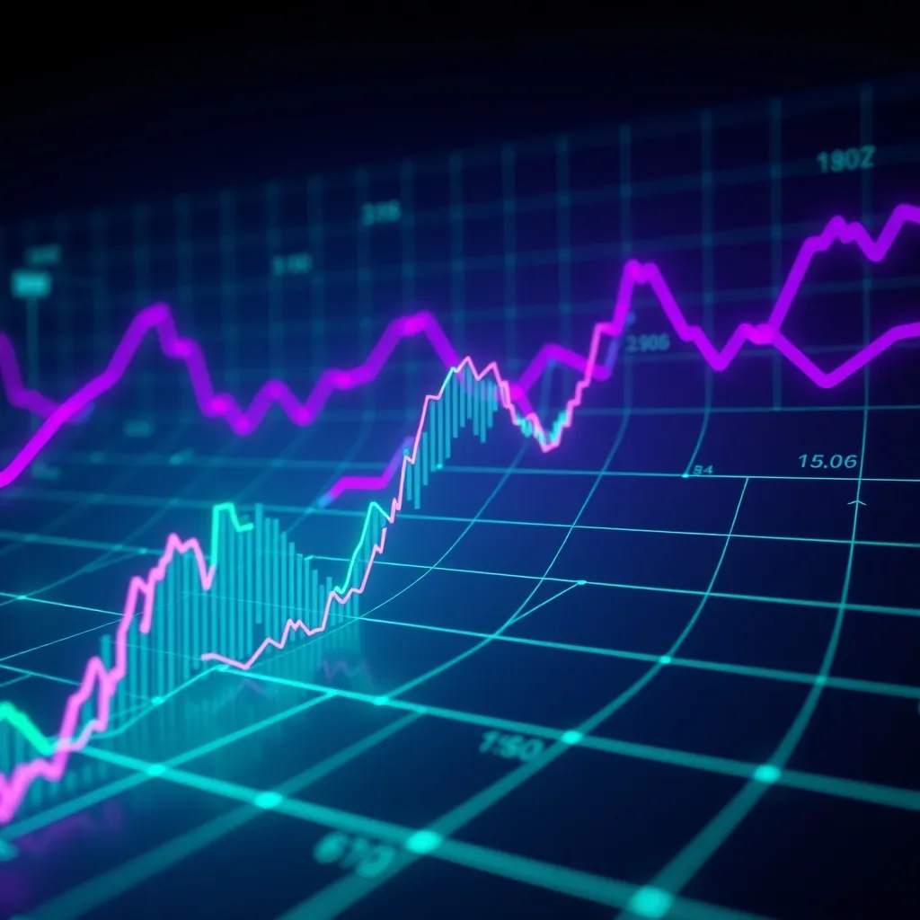 Abstract high-tech financial grid with neon purple and green