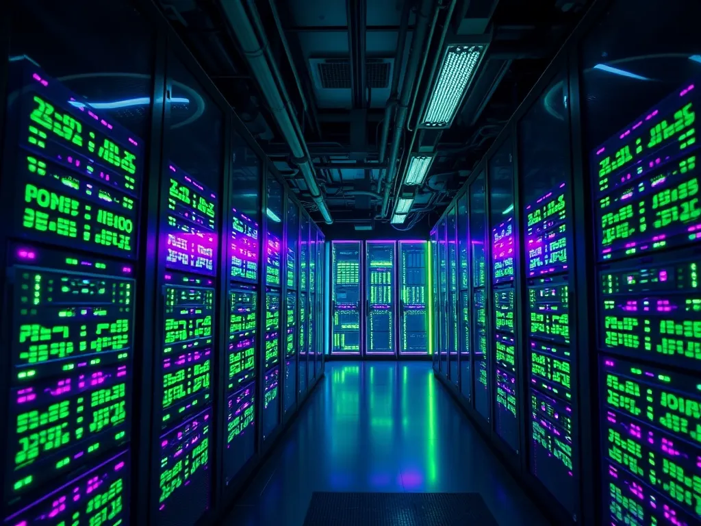 A high-tech server room with glowing green and purple LED li