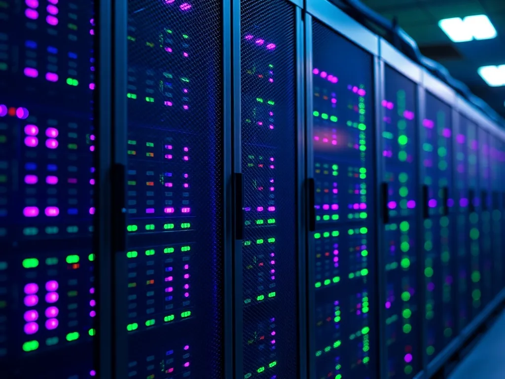 Close up of server racks in a data center with purple and gr