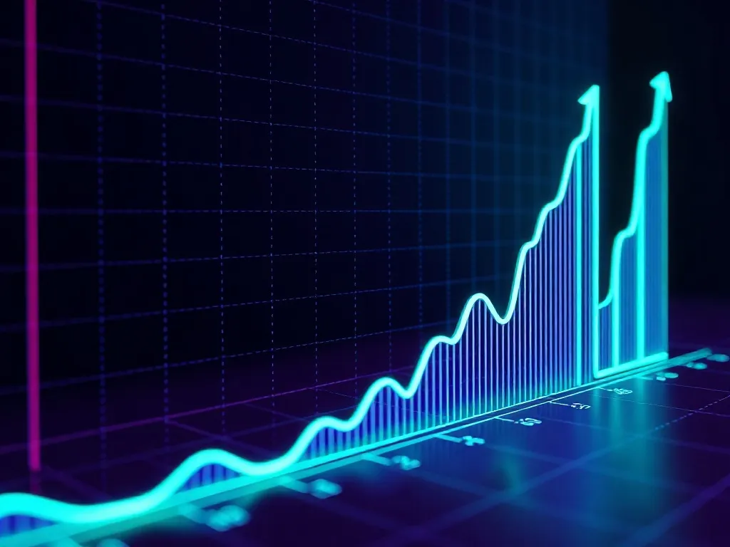 A technical 3D financial chart showing exponential growth cu