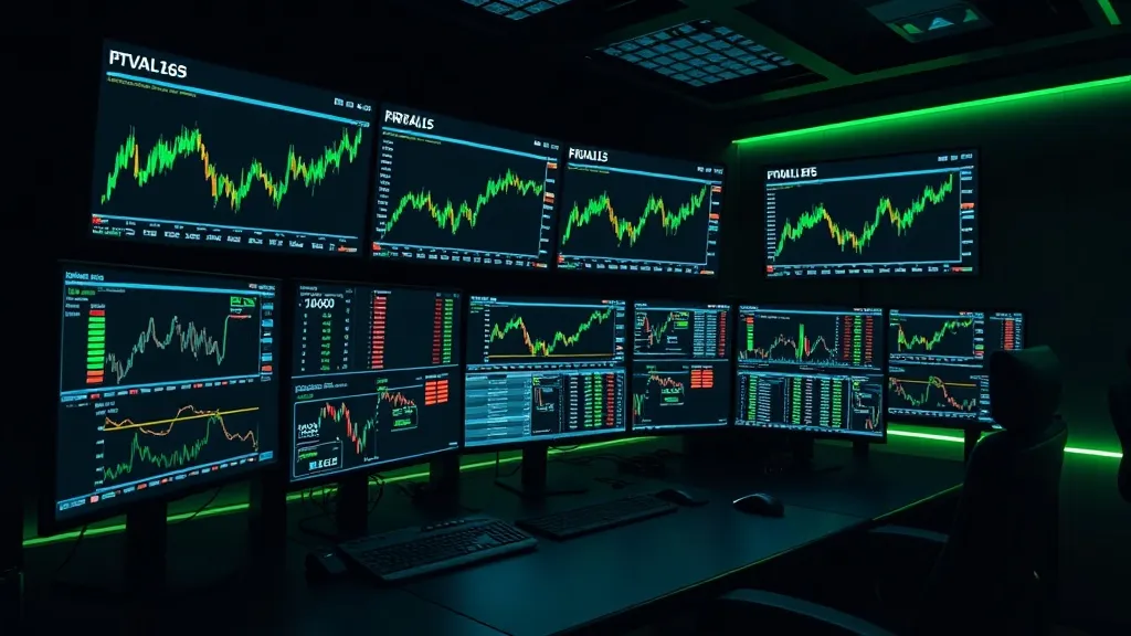 A high-tech trading desk with multiple monitors showing fina